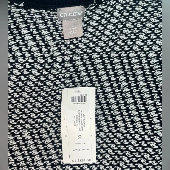 Chico’s Black & White Open Front Sweater Vest with Fringe Size 2, NWT - Picture 6 of 9